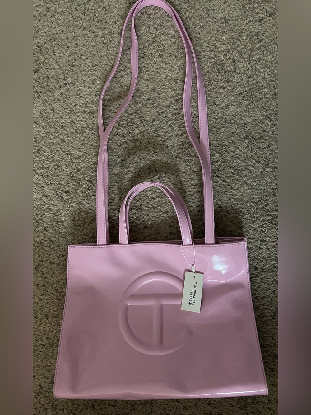 TELFAR Bubblegum Pink Patent Tote Bag with Embossed Logo - Large